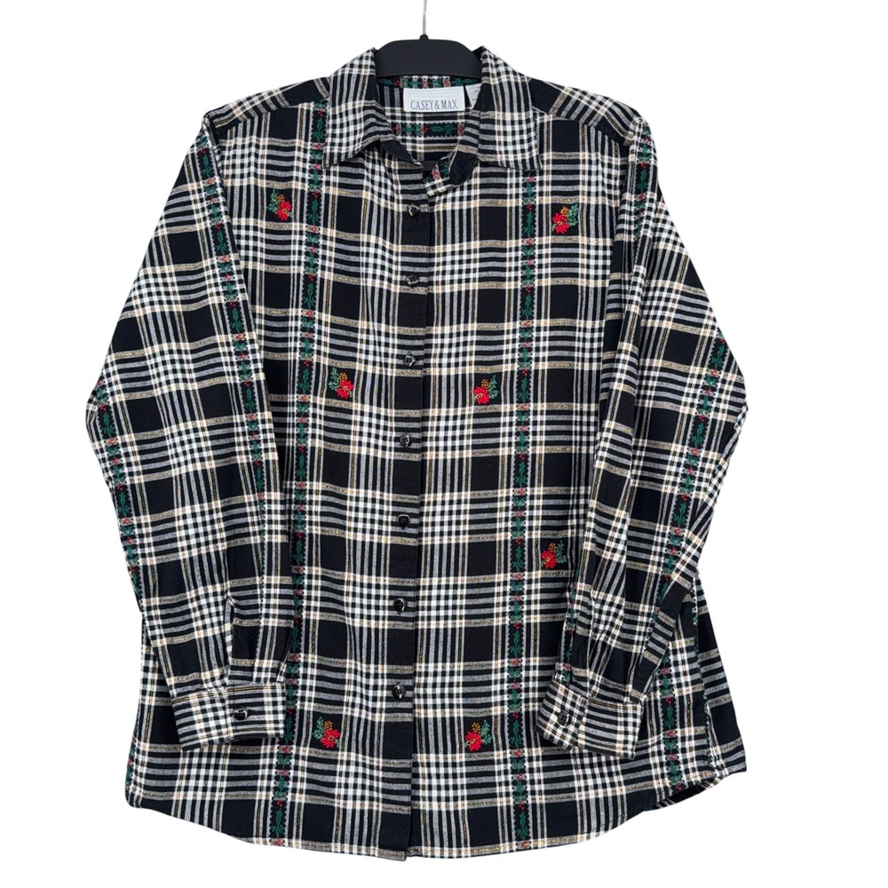 Casey & Max Holiday Plaid Button Down Women L Cotton Black White Gold Vintage